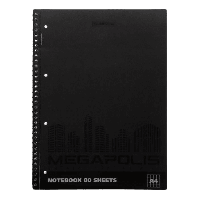 Тетрадь А4, 80 листов в клетку "MEGAPOLIS" на гребне, чёрная пластиковая обложка 49810