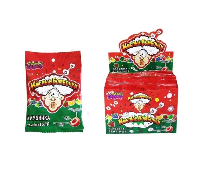 Карамель Кислые Бомбочки 15г (24 шт.упак) КМ, Клубника